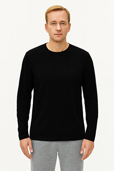 Cottonland Men's Colbert Long Sleeve O Neck Unprinted Flowy Combed Cotton T-Shirt Black