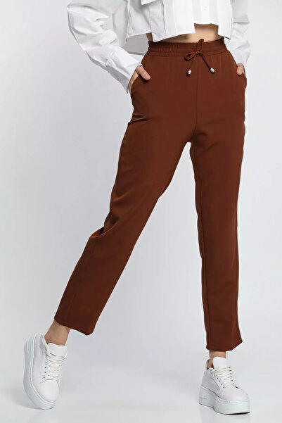 julude Brown Elastic Waist Slim Fit Fabric Trousers