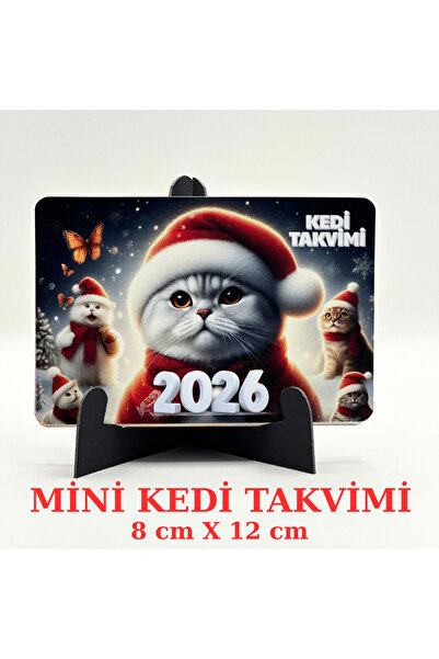 B Batuhan's Shop 2026 KEDİ TAKVİMİ – 8 cm X 12 cm Mini Masa Takvimi - 1 mm Maket Karton Ayaklı