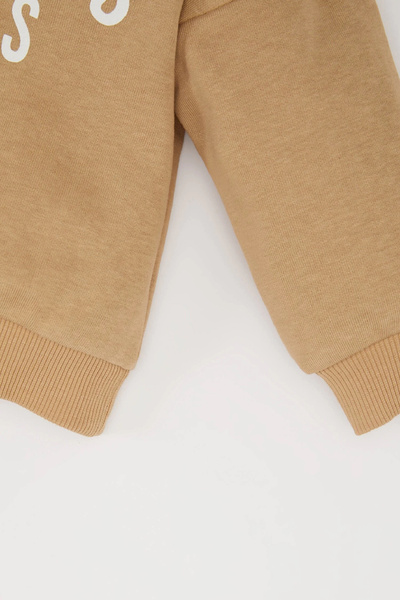 DeFacto D7907 Beige Baby Boy 2-Piece Set Crew Neck Printed Sweatshirt Elastic Waist Sweatpants