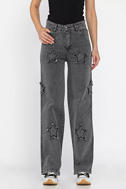 julude Anthracite Women's High Waist Star Patterned Lycra Palazzo Jean Denim Pants