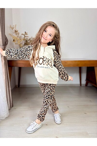 ANKANOVA Leopard Patterned Girl's 2 Thread Fabric Tracksuit Bottom Top Set