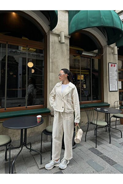 Perry Boutique Women's Ecru Raw Linen Jacket and Pants Set