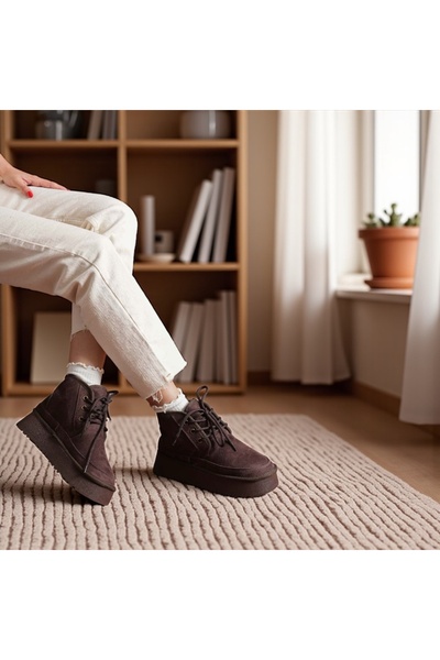 Jarrox Molly Kürklü Bağcıklı Hafif Düz Poli Tabanlı Rahat Günlük Kadın Bot