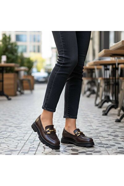 MOLY ESPADRİLLE GÜNLÜK KADIN AYAKKABI KAHVERENGİ KALIN TABAN GOLD TOKA