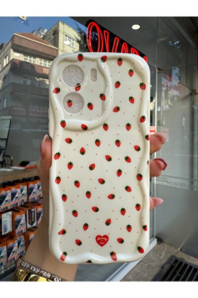 OVADA Vivo Y16 Uyumlu Kamera Korumalı Dalga Kenarlı Çilek Desenli Silikon Kılıf