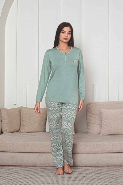 ALİMER Kadın Etnik Desenli 3 Düğmeli Likralı Viskon Mevsimlik Uzun Kollu Pijama Takımı