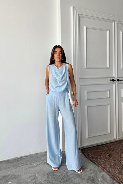 Wear Up Degaje Collar Sleeveless Bluz - Pants Suit - Blue