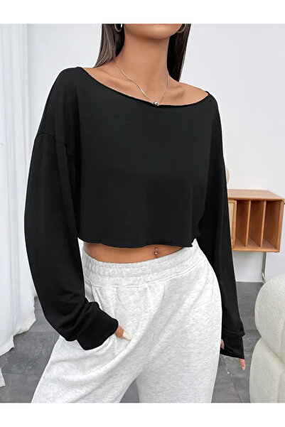 Machetta Women's Plain Black Boat Neck Crop Sweatshirt