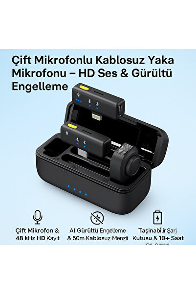 Coverzone Kablosuz Yaka Mikrofonu D07 - Çiftli, 48kHz HD Ses, AI Gürültü Enge...