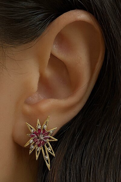 TAKIŞTIR أقراط YSX ذات اللون الذهبي مع تفاصيل حجرية