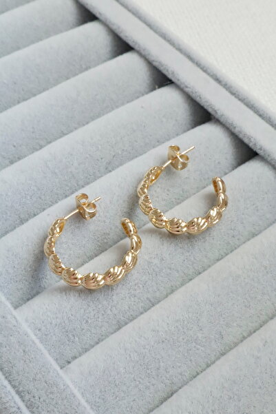 DEMOKAN Kadın Küpe Kararmaz 14k Renk Vip Seri Minik Deniz Kabuklu Yarım Halka 2cm Küpe