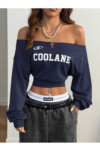 Machetta Kadın Coolane Baskılı Crop Tek Omuz Kayık Yaka Yeni Sezon Oversize Sweatshirt
