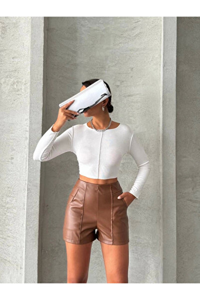 Zerenyus Δερμάτινο σορτς με κομματιαστές τσέπες καφέ