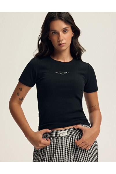 Bloovii Tricou de damă slim top cu mânecă scurtă și logo | Lann