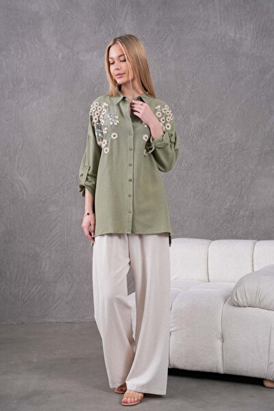 MVStore Women's Floral Print Embroidery Embroidered Linen Oversize Shirt and Pants
