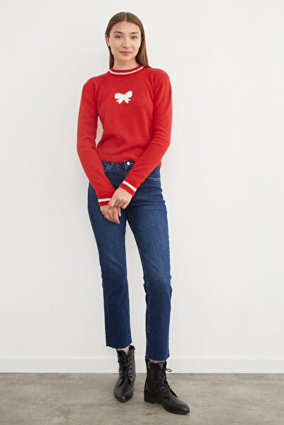 Fulla Moda Ribbon Patterned Crew Neck Bearded Sweater