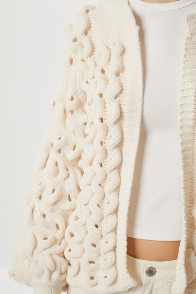 Lovelyİstanbul Balónkový úpletový kardigan s děrovaným vzorem LMT0036 KRÉMOVÝ