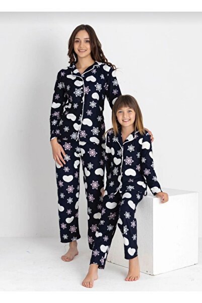 zahider طقم بيجامة للأم والابنة من قماش القطن والجلد المدبوغ مع أزرار على الطول الكامل