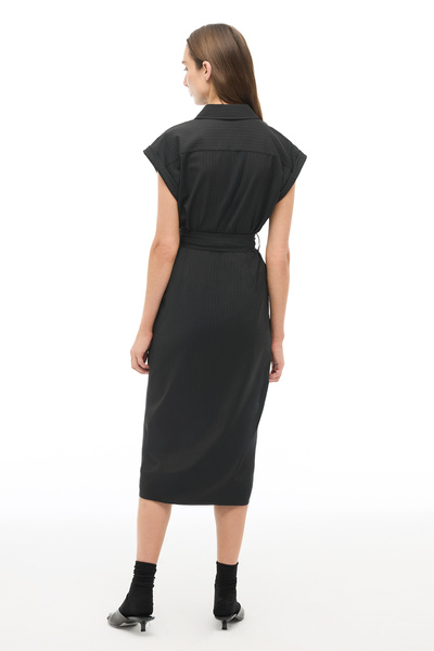 Perspective Black Striped Shirt Collar Midi Length Dress