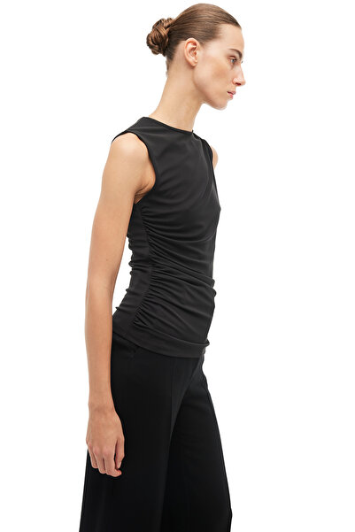 Perspective Black Asymmetrical Neckline Slim Fit Zero Sleeve Blouse