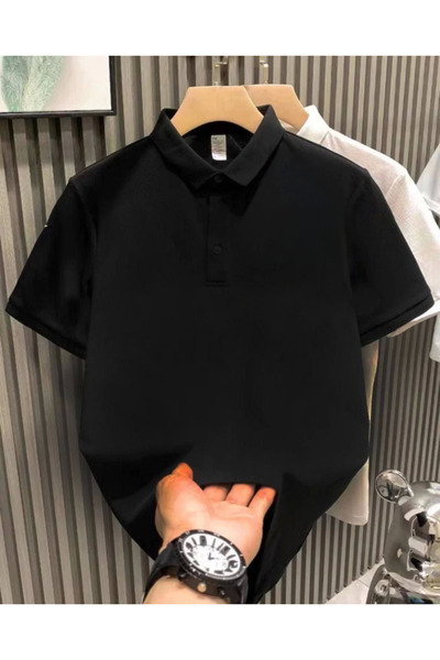 YALÇIN Buttoned Collared Collar Pique Plain T-Shirt - Black