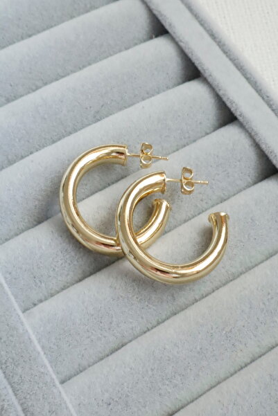 DEMOKAN Kadın Küpe Kararmaz 14k Renk Vip Seri Tombik Boru 3cm Kesik Halka Küpe