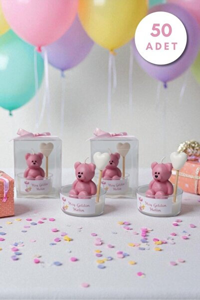 BERFUĞ KIRAN 50 ADET BALONLU AYICIKLI HEDİYELİK MUM PEMBE