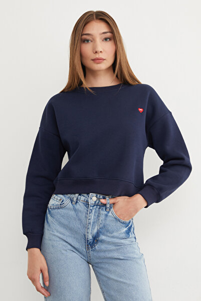 Fulla Moda 3 İplik Kalp Nakışlı Bisiklet Yaka Sweatshirt