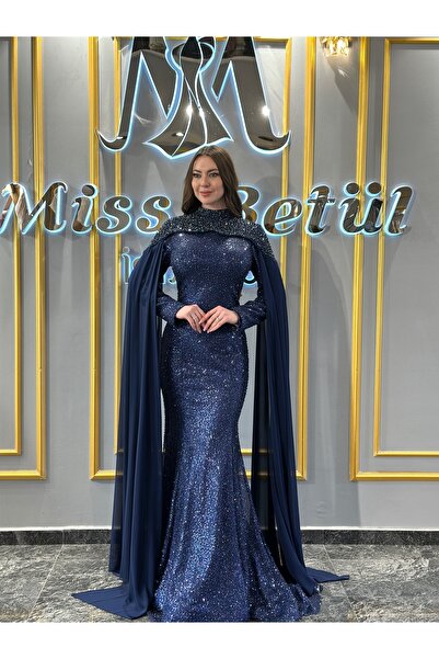 MissBetül Tesettür Kapalı Pelerin Taşlı Abiye Nişan Elbisesi