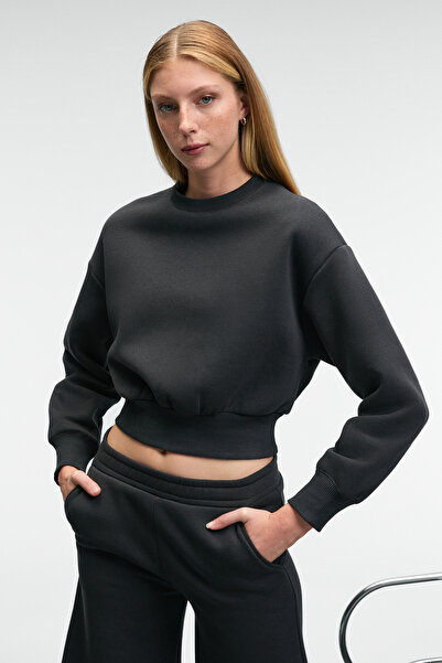 GRIMELANGE Karalis Women's Cotton Crew Neck Crop Anthracite Sweatshirt