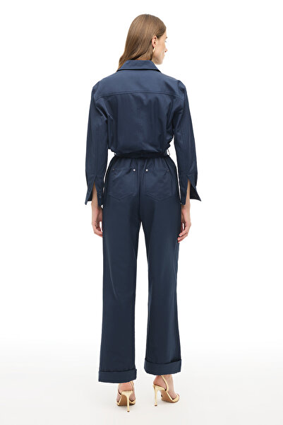 Perspective Navy Blue Shirt Collar Pipe Leg Jumpsuit