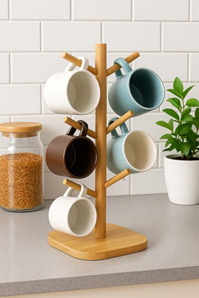 MİS KİTCHEN Bambu 6 Askılı Kupa Bardak Standı – Mutfak Tezgahı Düzenleyici ve...