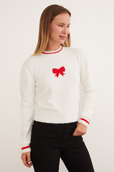Fulla Moda Ribbon Patterned Crew Neck Bearded Sweater