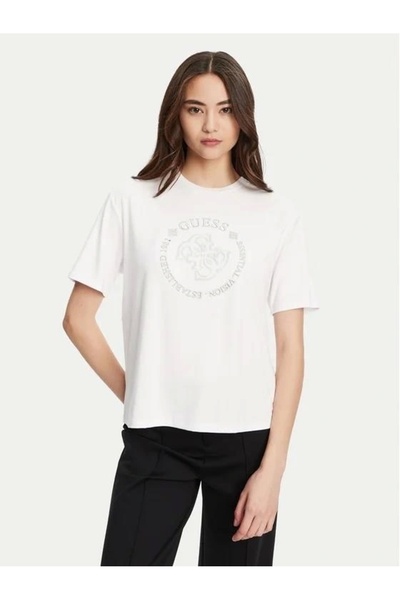 Guess تي شيرت كارلا نسائي أبيض اللون بقصة فضفاضة V5YI05KCOA2-G011