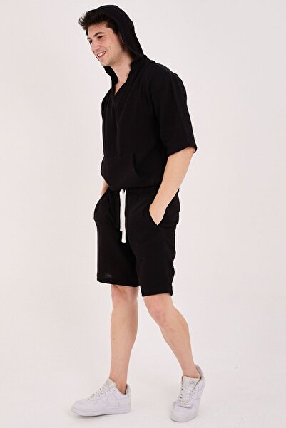 RELAXL Set of 2 100% Cotton Loose Fit Black Muslin Shorts and Hoodie