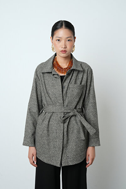 Orfeo Negro Women's Grey-Black Patterned Pocketed Belted Hijab Shirt-Jacket