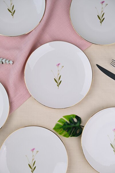 tabakevi Tabak Evi Porcelain Natura Broadcloth Gold Gilded Cake Plate 20.50cm Set of 6