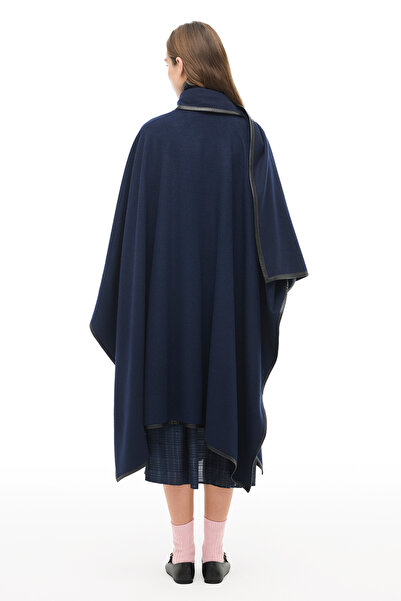 Perspective Navy Blue Midi Length Floral Patterned Poncho