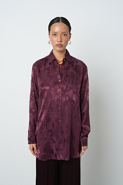 Orfeo Negro Women's Burgundy Color Mixed Pattern Oversize Cut Shirt
