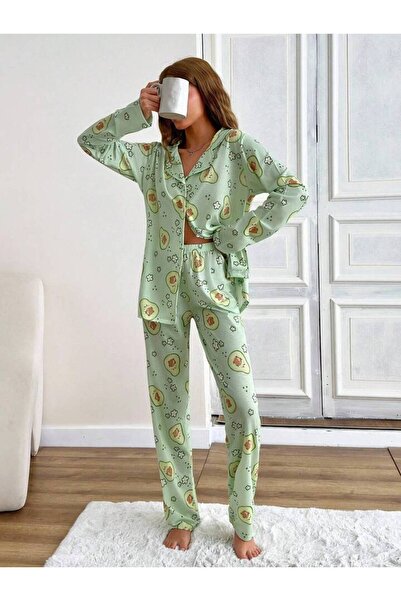 GAZANİGA Kadın Gecelik Desenli Likralı Pijama Gömlek Takımı AVAKADO