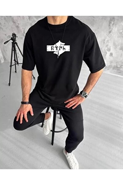 MODA Μπλουζάκι Unisex Crew Neck με στάμπα διπλό Oversize - Μαύρο