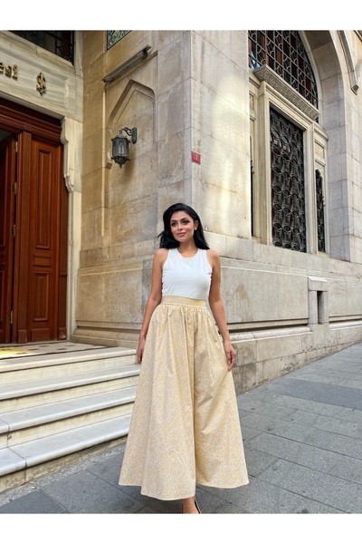 KÜÇÜĞÜM BUTİK Yellow Crispy Floral Poplin Flared Skirt