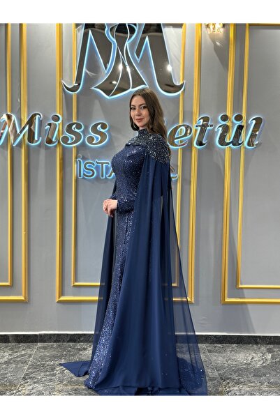 MissBetül Tesettür Kapalı Pelerin Taşlı Abiye Nişan Elbisesi