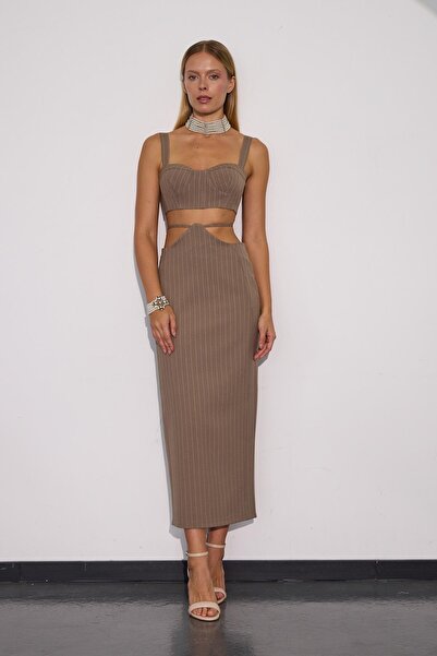 NOK İSTANBUL City Vibes Bel Detaylı Maxi Boy Çizgili Etek Vizon