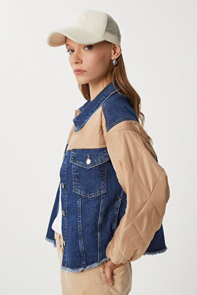 Lovelyİstanbul Kapitone Detaylı Denim Ceket LRW0002 KOYU MAVİ BEJ
