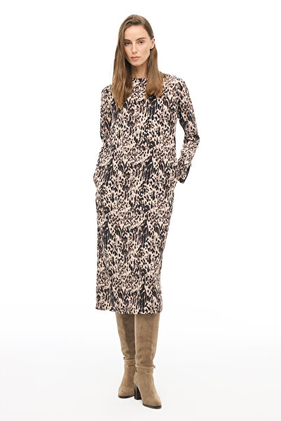 Perspective Brown Crew Neck Leopard Midi Dress