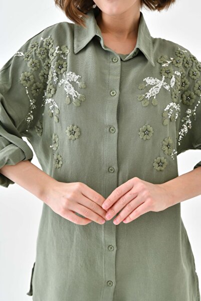 MVStore Women's Floral Pattern Embroidery Embroidered Linen Loose-Fit Shirt and Trousers