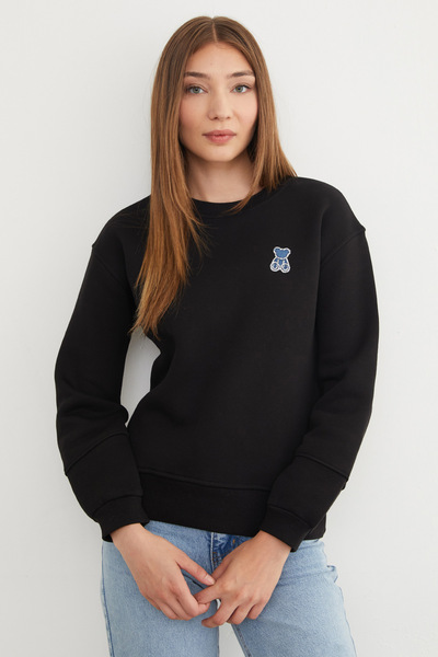 Fulla Moda 3 İplik Taş İşlemeli Ayıcık Nakışlı Sweatshirt