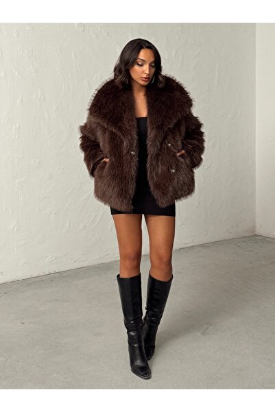 BEJNA Γυναικείο μπουφάν από ψεύτικη γούνα σε καφέ χρώμα